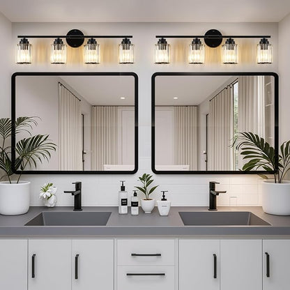29.1" Black Vanity Light, 4-Light Bathroom Light Fixtures with Clear Crystal Shades, E26 Base Modern Black Wall Sconce, Vanity Lights for Bathroom Powder Room Bedroom Hallway