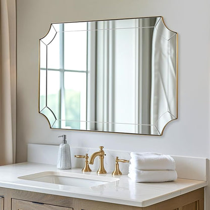 30x40 Scalloped Bathroom Mirror, Gold Rectangle Wall Mirror with Scallop Corner, Non-Rusting Vanity Mirror with Curved Cutouts, Well Made Antique Mirror Hangs Horizontal & Vertical