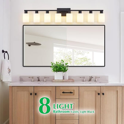 8 Light Bathroom Vanity Light, Black Bathroom Light Fixtures, 8-Light Vanity Lights for Huge Mirror, Matte Black 8 Light Wall Sconce with Milky White Frosted Glass Shades for Living Room Bath Makeup