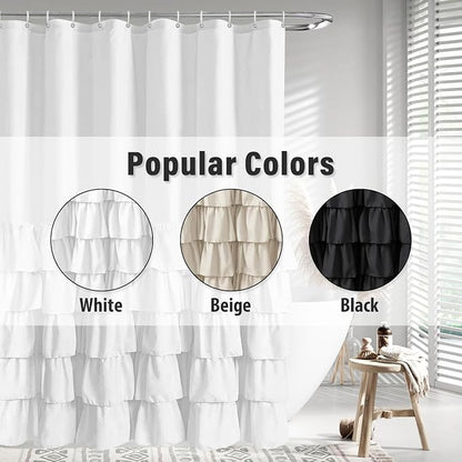 Seasonwood White Ruffle Shower Curtain Farmhouse Shower Curtain 72 X 78 | Natural button accents, layered fabric tiers, shabby chic and French country styling for decorative bathroom updates