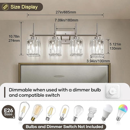 Torondo Modern Crystal Bathroom Vanity Light 4-Light Brushed Nickel Bathroom Light Fixtures Over Mirror Vanity Lighting Fixtures Square Shade Brass Wall Sconce (Bulbs Not Include)