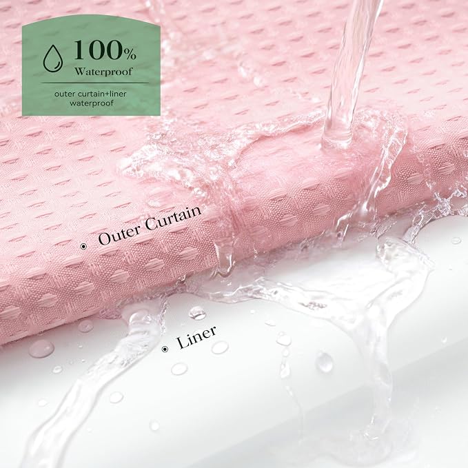 Pink Hook Free Waffle Shower Curtain & Snap-in Fabric Liner,72x75 | Less Time to install, 3 in 1 Fabric Shower Curtain and Liner Set with Magnets, Mesh Top Window, Shower Curtains for Bathroom