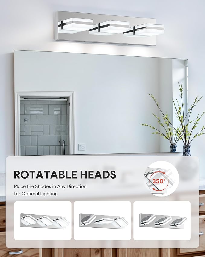 VONLUCE LED Modern Bathroom Vanity Light Fixture, Chrome | 18'', 3-Light, 3CCT, 360° Rotate, High CRI, Flicker-free, Dimmable, Memory Function, Waterproof IP44, Easy Installation