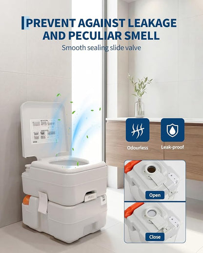 Pressurized 3-Outlet Flush Portable Toilet, 20L Capacity with Level Gauge, Detachable Waste Tank, for Camping, RV, Home, White