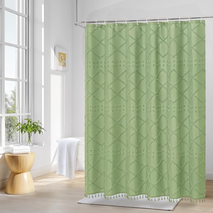 Sage Boho Woven Fabric Shower Curtain with Tassel 72 x 72, Tufted Textured | Modern Farmhouse Curtain for Bathroom, Standard Bathroom Curtain, Minimalist Decor, Waterproof