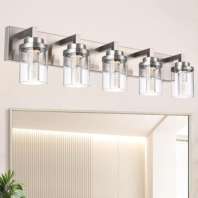 MELUCEE LED Vanity Light Bar 5-Light Bathroom Vanity Light 3000K-6000K | 25W Bath Lamps Over Mirror Brushed Nickel Bathroom Wall Lighting Fixtures with Clear Glass Shade Bubble Crystal