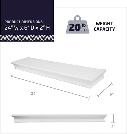 HIGH & MIGHTY Decorative 24" Floating Shelf Holds up to 20 lbs, Easy Tool-Free Dry Wall Installation, Beveled, White | 515660
