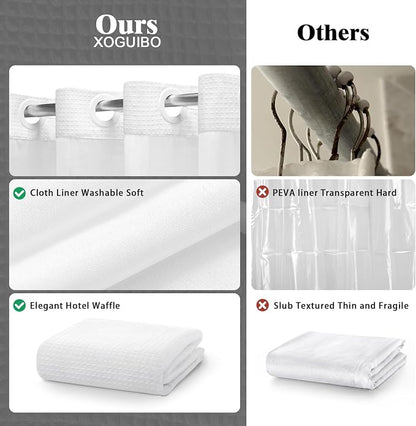 No Hook Shower Curtain and Liner Set,White Hotel Waffle Shower Curtain with Liner 75" L x 72" W