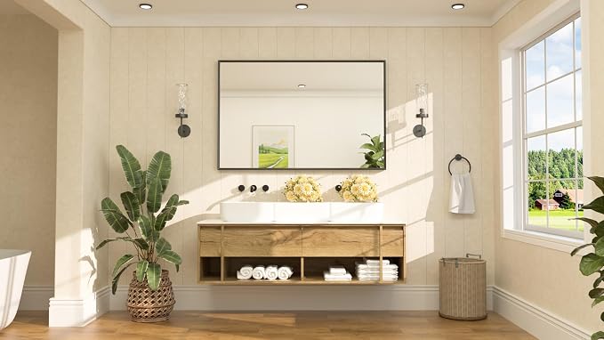 Black Bathroom Mirror for Over Sink 55" x 36" Large Matte Black Beveled Metal Framed Rectangular Vanity Mirror for Bathroom, Bedroom, Entryway, Living Room, Tempered Glass, Shatterproof