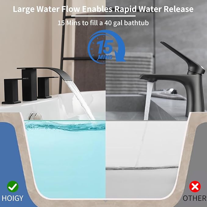 RUMOSE Roman Bathtub Faucet Set Waterfall Tub Faucets Matte Black | High Flow Widespread 6-16 Inch 3 Holes Deck Mount Tub Filler 2 Handles Bathtub Filler Soaking Bath Faucet