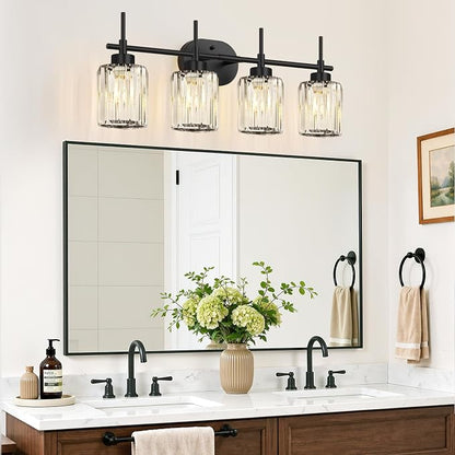 Matte Black 4-Light Crystal Bathroom Vanity Light, Modern Bathroom Light Fixture Over Mirror, Black Vanity Lighting for Bathroom, Bulbs Not Included