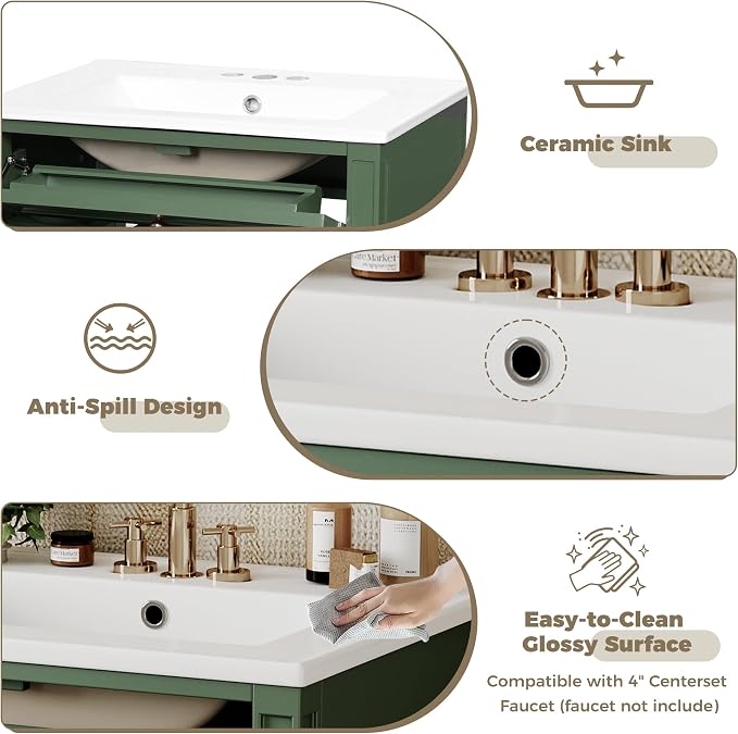 Merax 24 Inch Bathroom Vanity with Ceramic Sink, Solid Wood Frame Modern Bathroom Sink Storage Cabinet with 2 Drawers and a Tip-Out Drawer, Single Sink Bathroom Vanities, Green