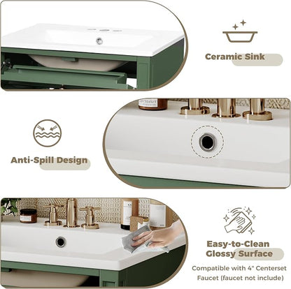 Merax 24 Inch Bathroom Vanity with Ceramic Sink, Solid Wood Frame Modern Bathroom Sink Storage Cabinet with 2 Drawers and a Tip-Out Drawer, Single Sink Bathroom Vanities, Green