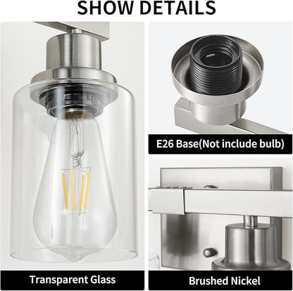 Bathroom Vanity Light, 4-Light Nickel Modern Matte Wall Sconce Lighting with Clear Glass Shade, Wall Lights,Bath Vintage Wall Mounted Lamps for Mirror Bedroom Living Room