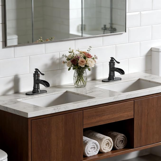 Waterfall Bathroom Sink Faucet Black Bathroom Faucet 1 Hole | Single Handle,with Pop Up Drain Stopper Vanity Water Supply Hose,Lead-Free Solid Brass,Farmhouse Faucet Deck Mount