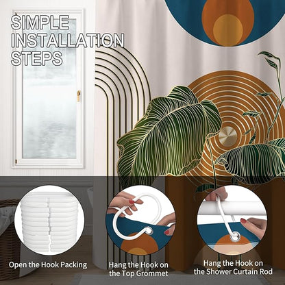 Boho Shower Curtain for Bathroom Modern Mid Century Plant Palm Leaves Bath Curtain Modern Minimalist Geometric Arch Bath Decor Waterproof Polyester Fabric Curtains Set 72x72 inch