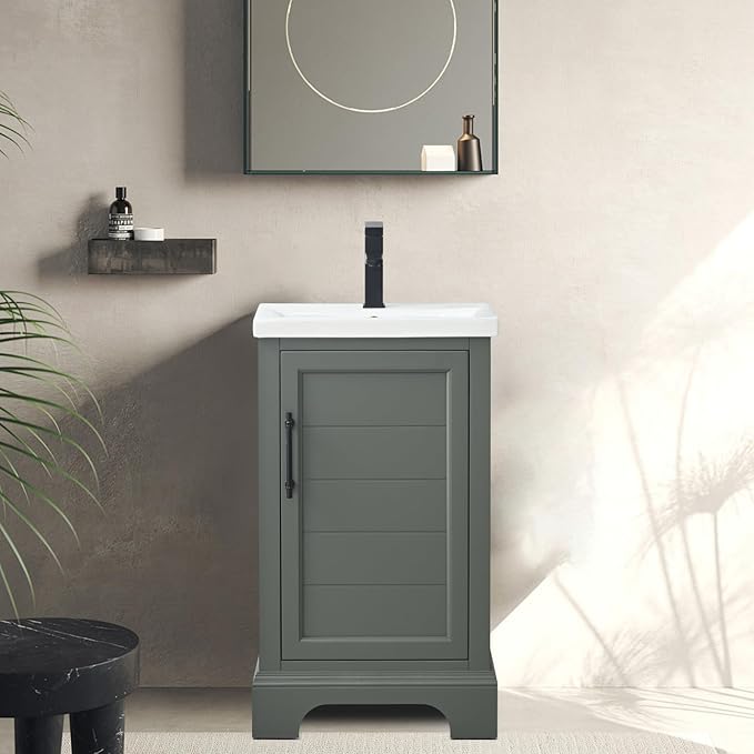 HOMEBEYOND 20 Inch Bathroom Vanity with Single Sink & Ceramic Top, Vanity Cabinet with Center Countertop Basin, Soft-Closing Doors, Vintage Green
