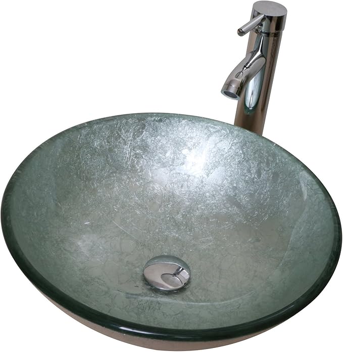wonline Round Bathroom Foil Tempered Glass Vessel Sink With Faucet and Pop-up Drain Silver Green
