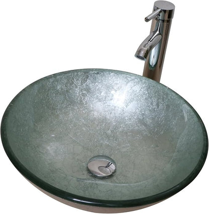 wonline Round Bathroom Foil Tempered Glass Vessel Sink With Faucet and Pop-up Drain Silver Green