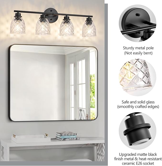 4-Light Vanity Light Over Mirror, Black Bathroom Light Fixtures | Modern Farmhouse Wall Sconces with Hammered Glass Lampshade for Kitchen Hallway Bedroom Living Room Cabinet Porch-27.5IN