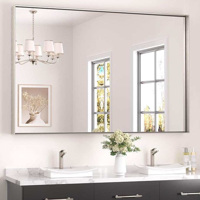 Keonjinn 60x40 Inch Nickel Bathroom Mirror for Over Sink, Rectangular | HD Tempered Glass, Vanity Mirror, Brushed Framed, Square Corner, Modern Farmhouse, Wall Mounted Mirrors, Aluminum Alloy