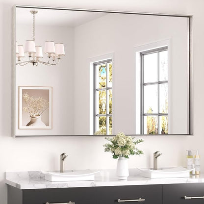 Keonjinn 60x40 Inch Nickel Bathroom Mirror for Over Sink, Rectangular | HD Tempered Glass, Vanity Mirror, Brushed Framed, Square Corner, Modern Farmhouse, Wall Mounted Mirrors, Aluminum Alloy