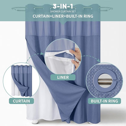 No Hook Waffle Shower Curtain with Snap-in Liner, 71x80 Inch,Moonlight Blue | 230 GSM waffle weave fabric, waterproof liner set with 2 bottom magnets, mesh top window, washable, for bathroom or hotel use