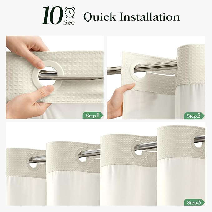Cream Hook Free Waffle Shower Curtain & Snap-in Fabric Liner,72x99 | Less Time to install, 3 in 1 Fabric Shower Curtain and Liner Set with Magnets, Extra Long, Shower Curtains for Bathroom