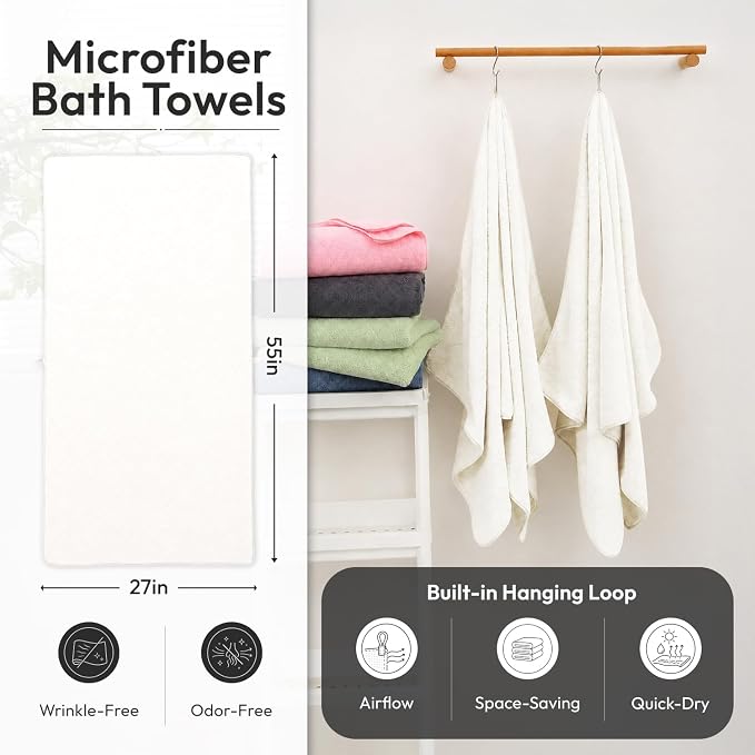 JML Bath Towels with Hanging Loop, 2 Pack, 27x55 in, Microfiber, White | Soft, Super Absorbent, Quick Dry, Lint-Free & Fade-Resistant, Lightweight Bathroom Towel for Daily Use