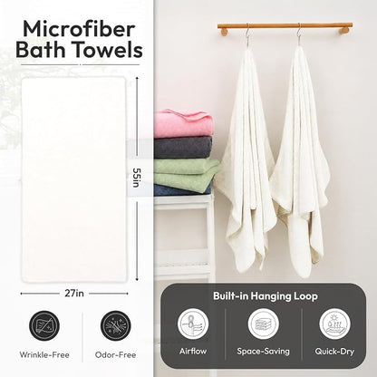 JML Bath Towels with Hanging Loop, 2 Pack, 27x55 in, Microfiber, White | Soft, Super Absorbent, Quick Dry, Lint-Free & Fade-Resistant, Lightweight Bathroom Towel for Daily Use