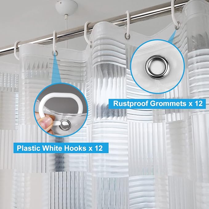 EurCross 75 inch Long Clear Shower Curtain Liner with Design, Waterproof Softer Plastic Curtain Liner for Bathroom 72x75 inches Length with 3 Bottom Weights
