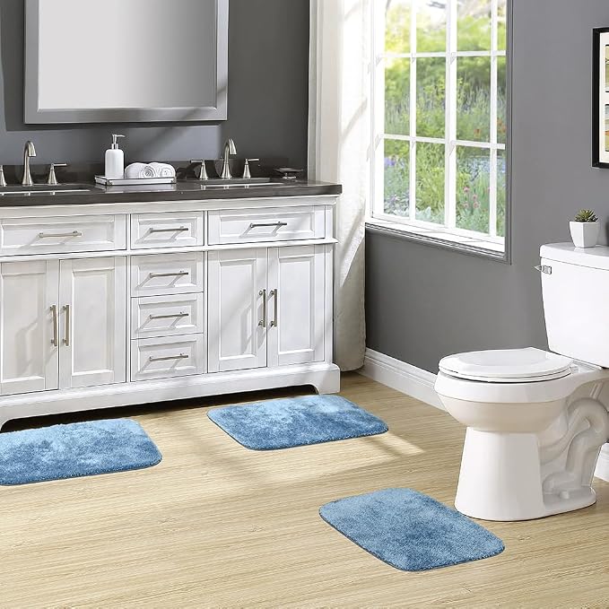 Garland Rug Traditional Nylon Washable Basin Blue 3 Bath Rugs (17" X 24", 21" X 34", 21" X 34") - Soft, Absorbent, and Stylish for Your Bathroom
