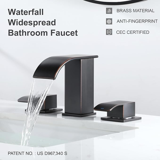8 Inch Waterfall Bathroom Faucets 3 Hole - Oil Rubbed Bronze Widespread Bathroom Faucet with Pop-up Drain, Two Handles Bathroom Sink Faucet, Modern Vanity Sink faucets with Supply Lines