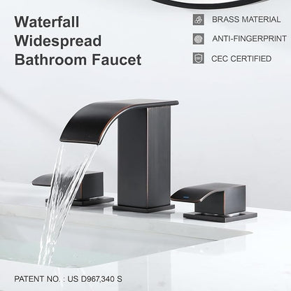 8 Inch Waterfall Bathroom Faucets 3 Hole - Oil Rubbed Bronze Widespread Bathroom Faucet with Pop-up Drain, Two Handles Bathroom Sink Faucet, Modern Vanity Sink faucets with Supply Lines