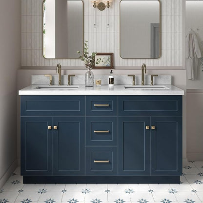 ARIEL Hamlet 60-inch Bathroom Vanity with Sink,Solid Wood, 1.5-inch Italian Carrara Marble Countertop, Double Rectangular Porcelain Sink, 4 Soft Closing Doors, 3 Dovetail Drawers, Midnight Blue