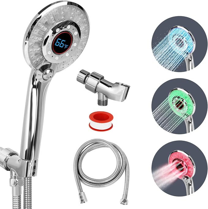 LED Shower head with Temperature Display with 59" Stainless Steel Hose | Temperature Display Sensor Light up with 3 Color, Water Saving Showerhead with Shower Adapter