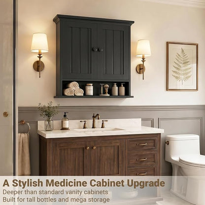 Besiost Farmhouse Bathroom Wall Medicine Cabinet with Removable Towel Bar | Over Toilet Storage Organizer, 7.9" Slim Profile, 100 Lbs Capacity, Adjustable Shelf, Soft Close Hinges Door, Black