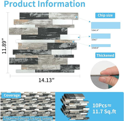 Art3d Faux Stone Peel & Stick Backsplash Tile, 10 pcs, Distressed Wood | PVC, Multi-Style Decor Sheets, Waterproof, Traceless Peel, No Wall Damage, Ideal for Kitchen