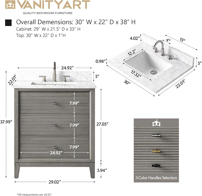 Vanity Art 30" Bathroom Vanity with Single Sink & Arabescato White Engineered Stone Top, Vanity Cabinet with Soft Closing Door, Solid Wood Frame, Golden Brushed Handles, Driftwood Gray VA8130-DG-GB
