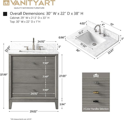 Vanity Art 30" Bathroom Vanity with Single Sink & Arabescato White Engineered Stone Top, Vanity Cabinet with Soft Closing Door, Solid Wood Frame, Golden Brushed Handles, Driftwood Gray VA8130-DG-GB