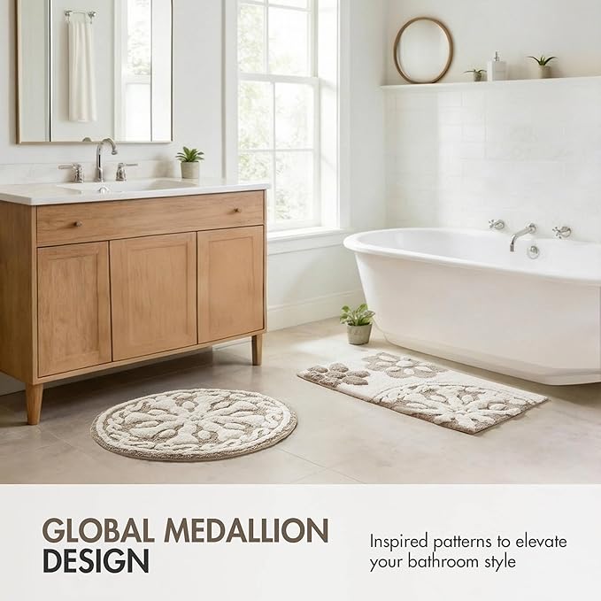 Madison Park Casablanca 100% Cotton Tufted Bathroom Rugs Luxurious Plush Medallion Floral Pattern Bath Mat Absorbent, Quick Dry, Spa Design Shower Room Décor, Rectangle 20" x 30", Taupe
