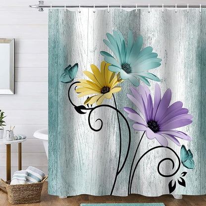Onalasyc 4PCS Blue Green Daisy Bathroom Sets with Shower Curtain and Rugs | Country Floral Butterfly Shower Curtain Set,Modern Bathroom Decor Shower Curtains Set with Rugs Toilet Lid Cover and 12 Hooks