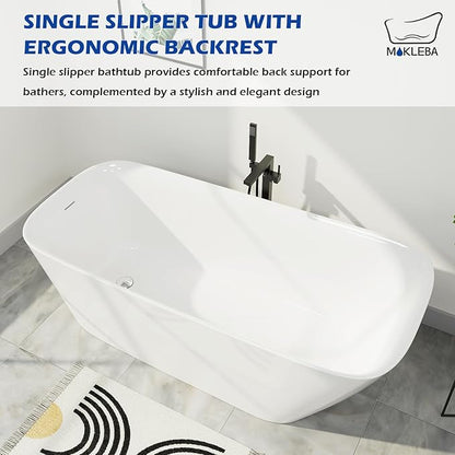 59" Acrylic Freestanding Bathtub, Single Slipper Free Standing Tub, Soaking Tub with Integrated Slotted Overflow, Toe-Tap Chrome Drain, cUPC Certified, Glossy White
