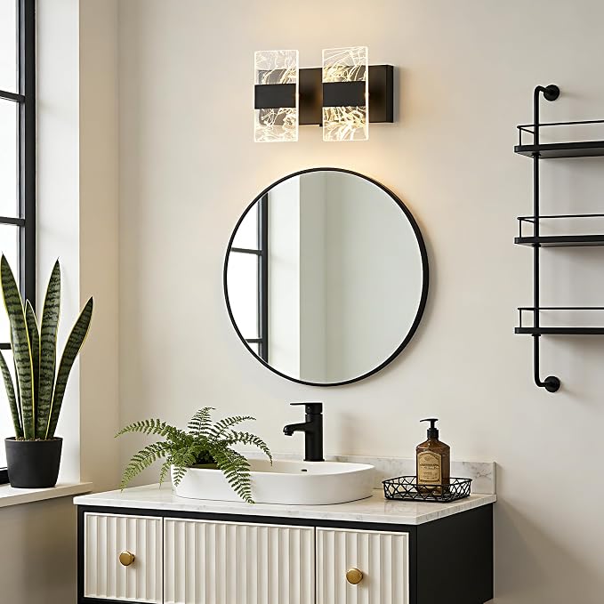 Matte Black Modern LED Bathroom 2-Light Vanity Light Over Mirror | 5CCT Adjustable Lighting, Smoked Acrylic LED Vanity Lights, Wall Sconces for Bathroom, Dimmable 6000K