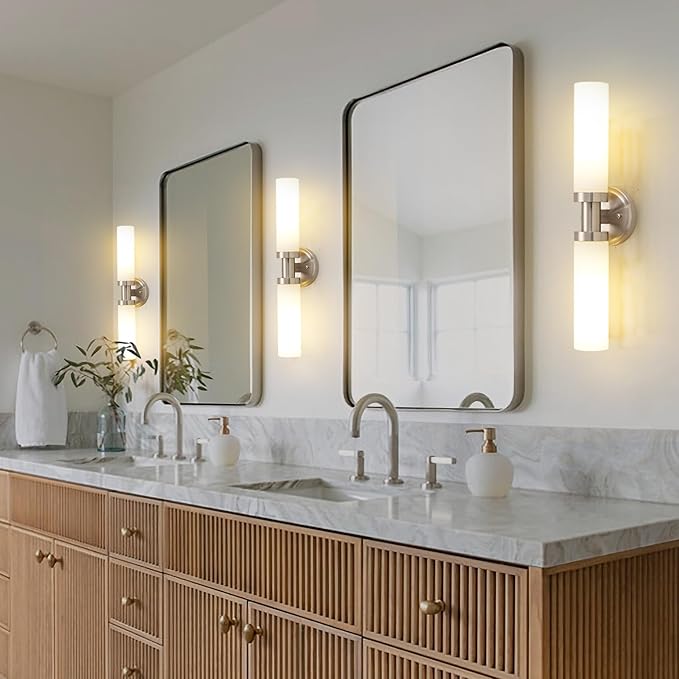 Brushed Nickel Bathroom Light Fixtures, 2-Light Vanity Lights W/White Glass Shade, Modern Sconces Wall Lighting for Mirror Kitchen Bedroom Hallway Living Room, E26 T10 Bulbs(Excluded)