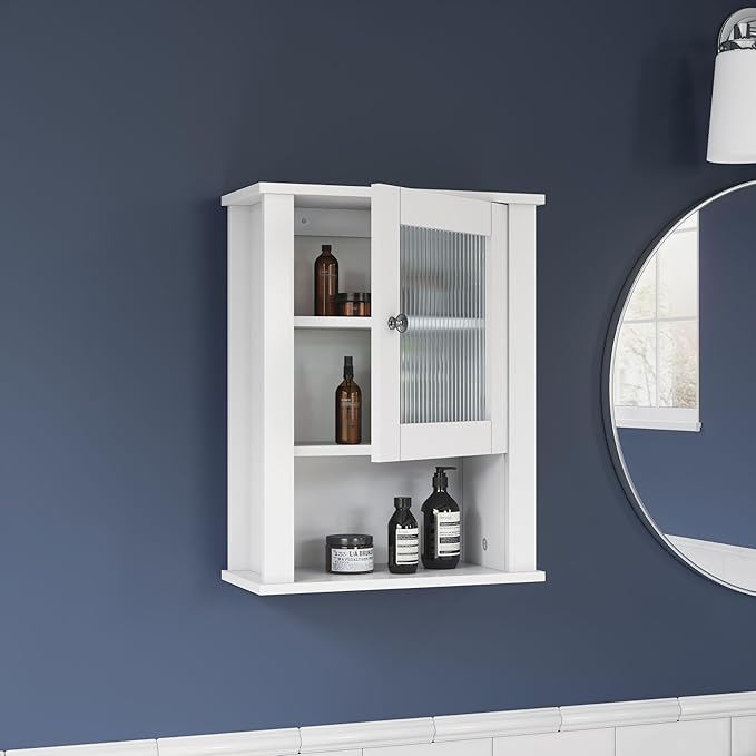 RiverRidge Prescott Bathroom Wall Cabinet - Bathroom Cabinet with Reeded Glass, Soft-Close Hinges & Adjustable Shelf - Slim Medicine Cabinet for Small Spaces