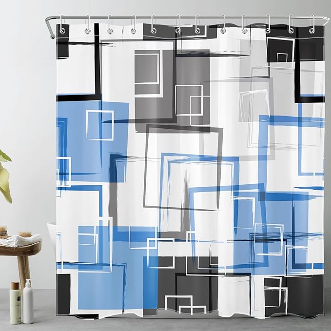 Blue Geometric Abstract Shower Curtain with Hooks Blue and Gray Neutral Design Geometric Fabric Shower Curtain Grey Fashion Mid Century Modern Bathroom Curtains Shower Set, 72Lx72W inches