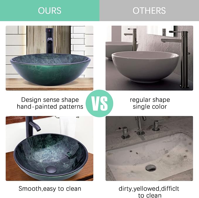 Vessel Sink 16.5" Bathroom Sinks Tempered Glass Green Art Basin Round Bowl with Faucet Combo Green,Countertop Bowl Sink for Lavatory Vanity Cabinet