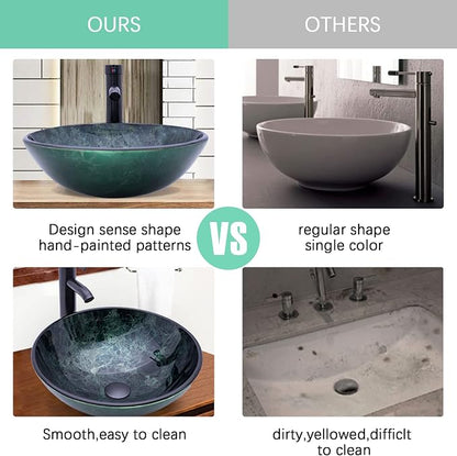 Vessel Sink 16.5" Bathroom Sinks Tempered Glass Green Art Basin Round Bowl with Faucet Combo Green,Countertop Bowl Sink for Lavatory Vanity Cabinet