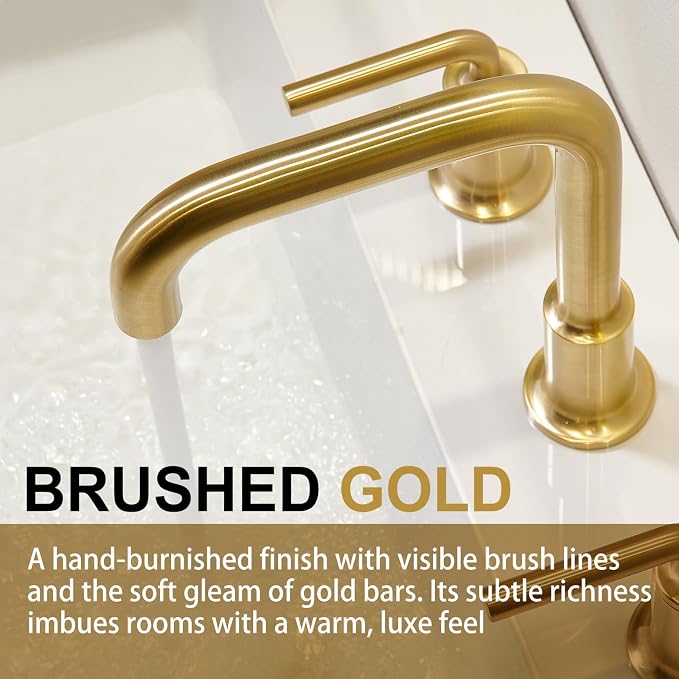 Brushed Gold Bathroom Faucet 3 Hole, Solid Brass Bath Faucet | 8 Inch Widespread Bathroom Faucet Brass Gold 2 Handle Bathroom Sink Faucet with Drain Assembly Supply Line, BF503-SG